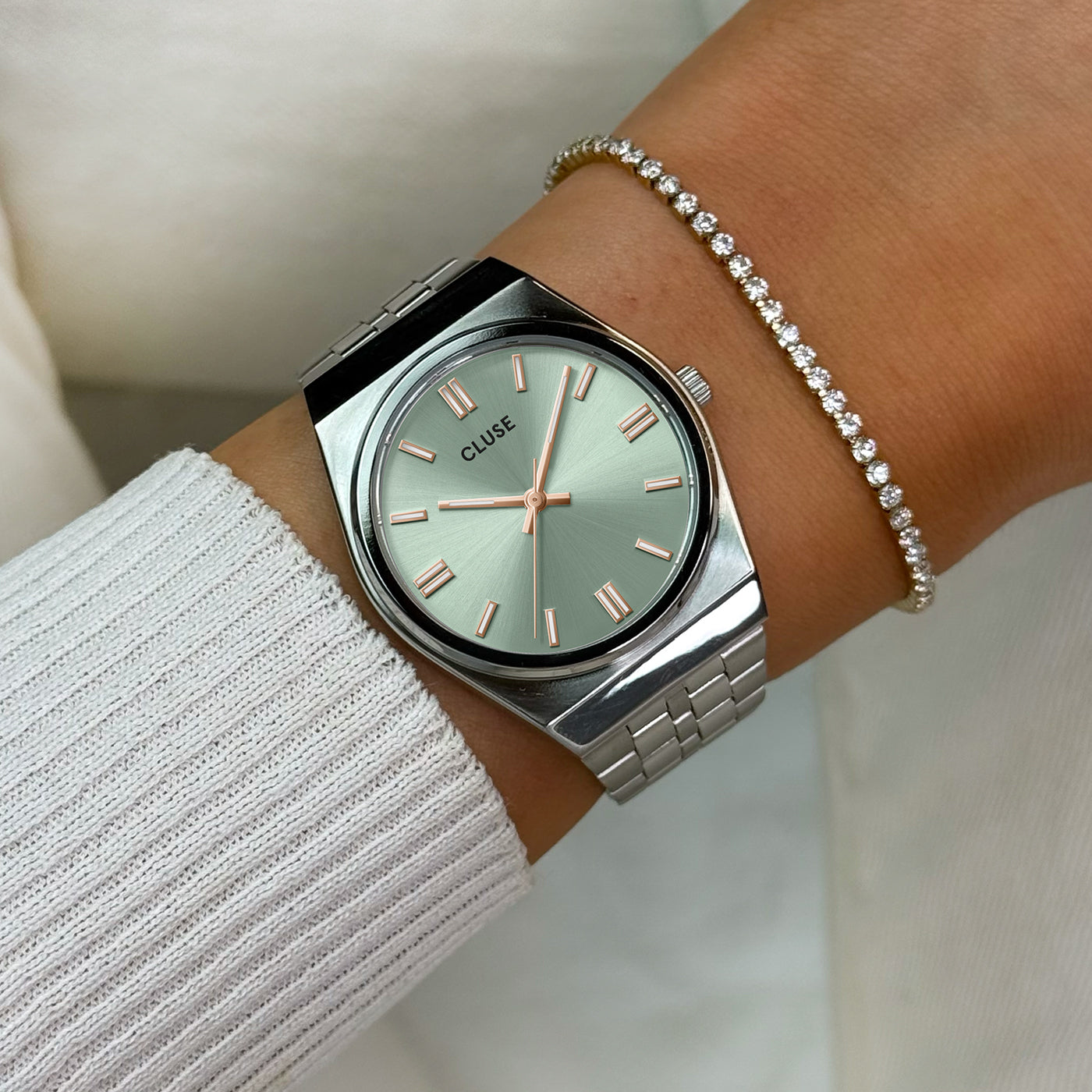 CLUSE Retro 70's Silver Steel Watch Sage Green