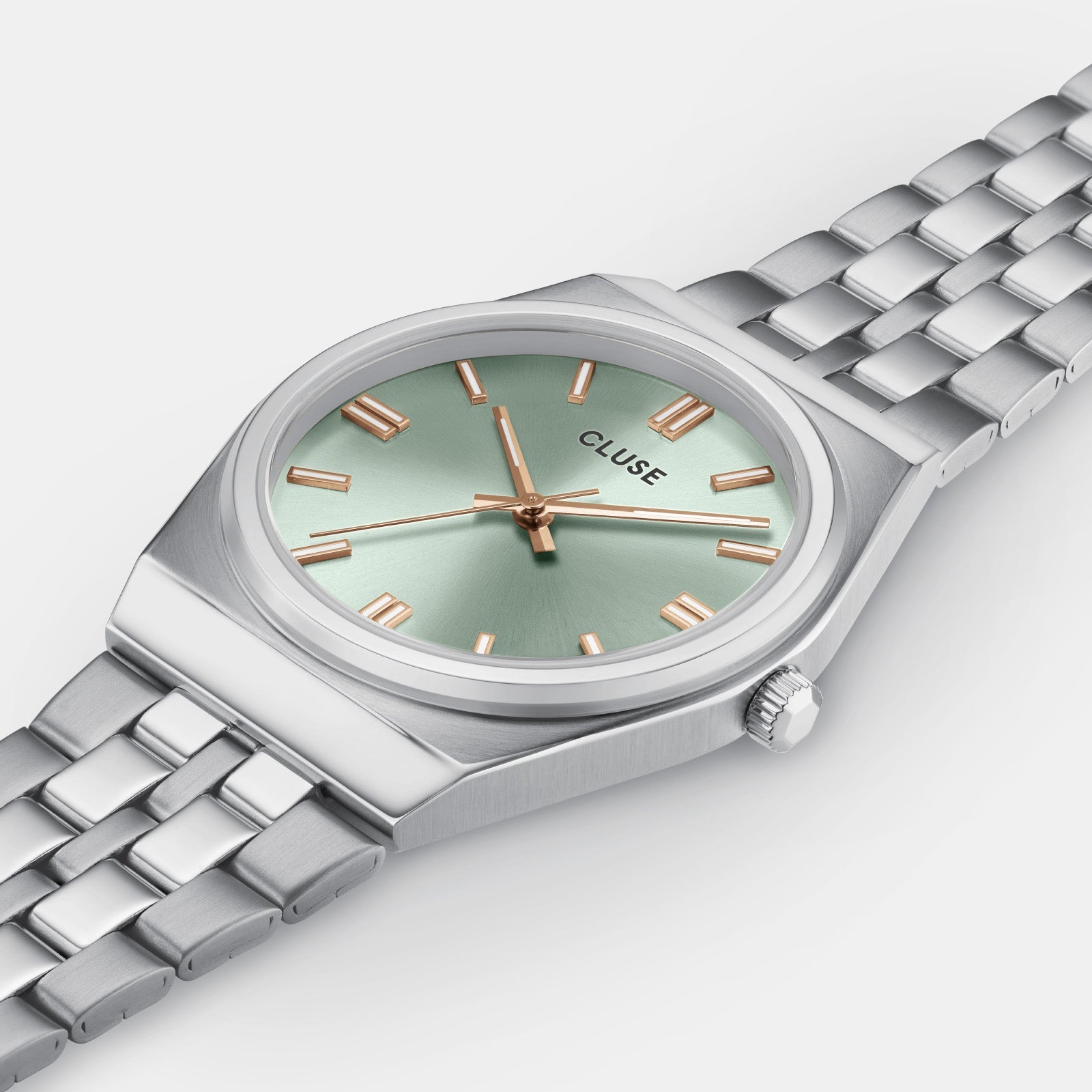 CLUSE Retro 70's Silver Steel Watch Sage Green