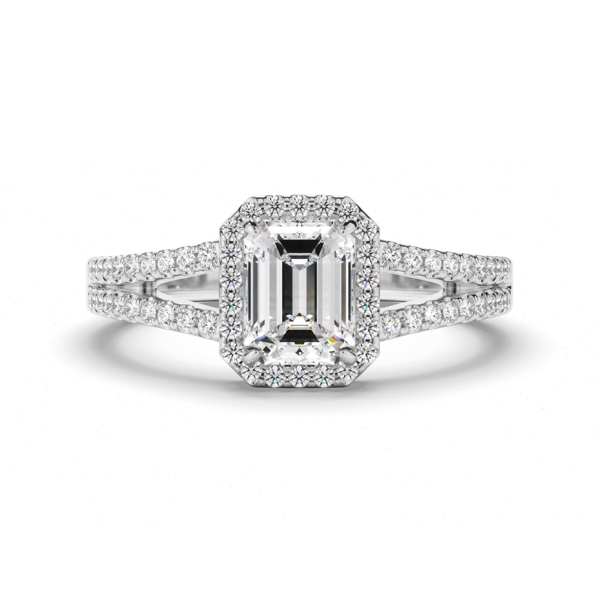 Emerald Cut Diamond Halo Engagement Ring with Pave Sides