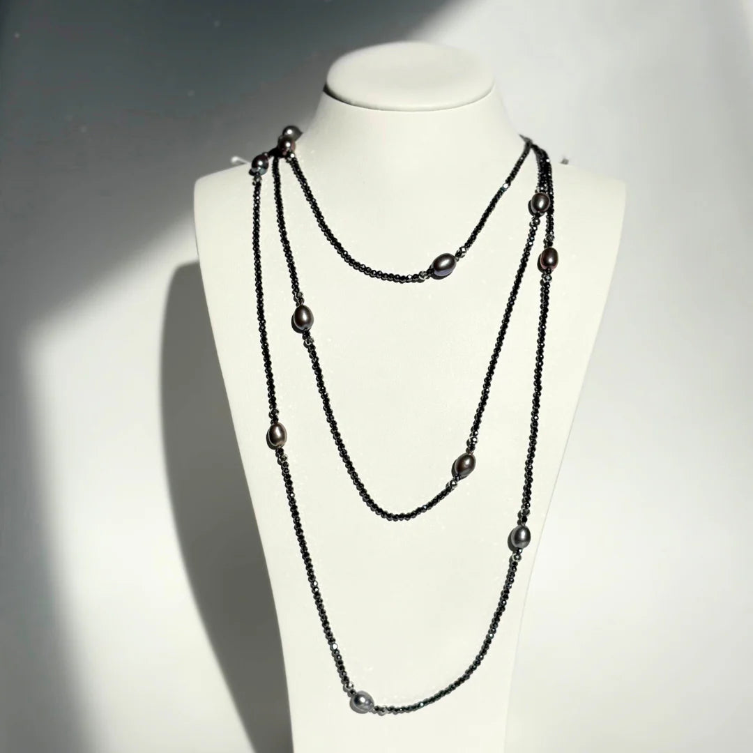 Ikecho Jayne Hermatite & Dyed Black Freshwater Pearl Necklace 140cm