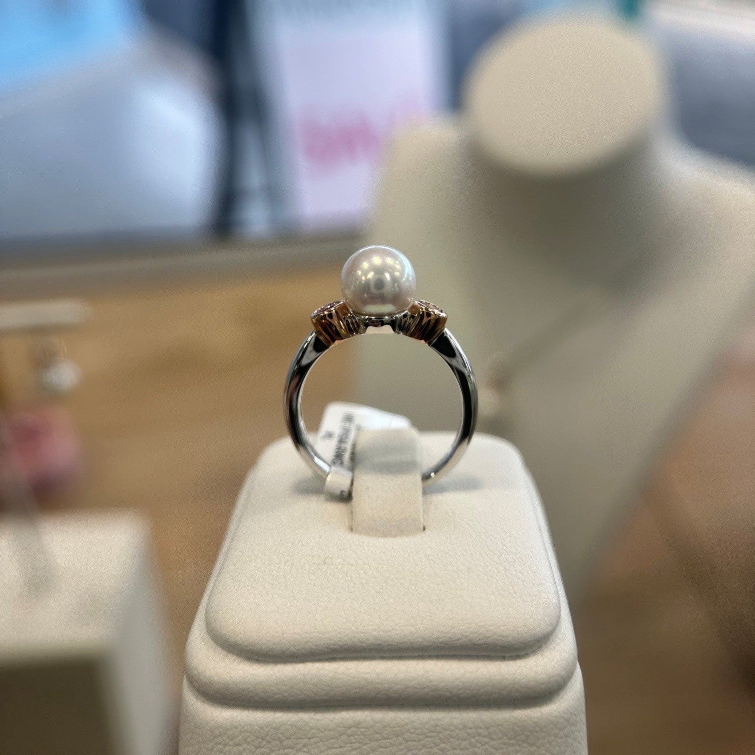 Ikecho 9ct WG/RG Edison Pearl & Pink Lab Diamond Ring - Size O