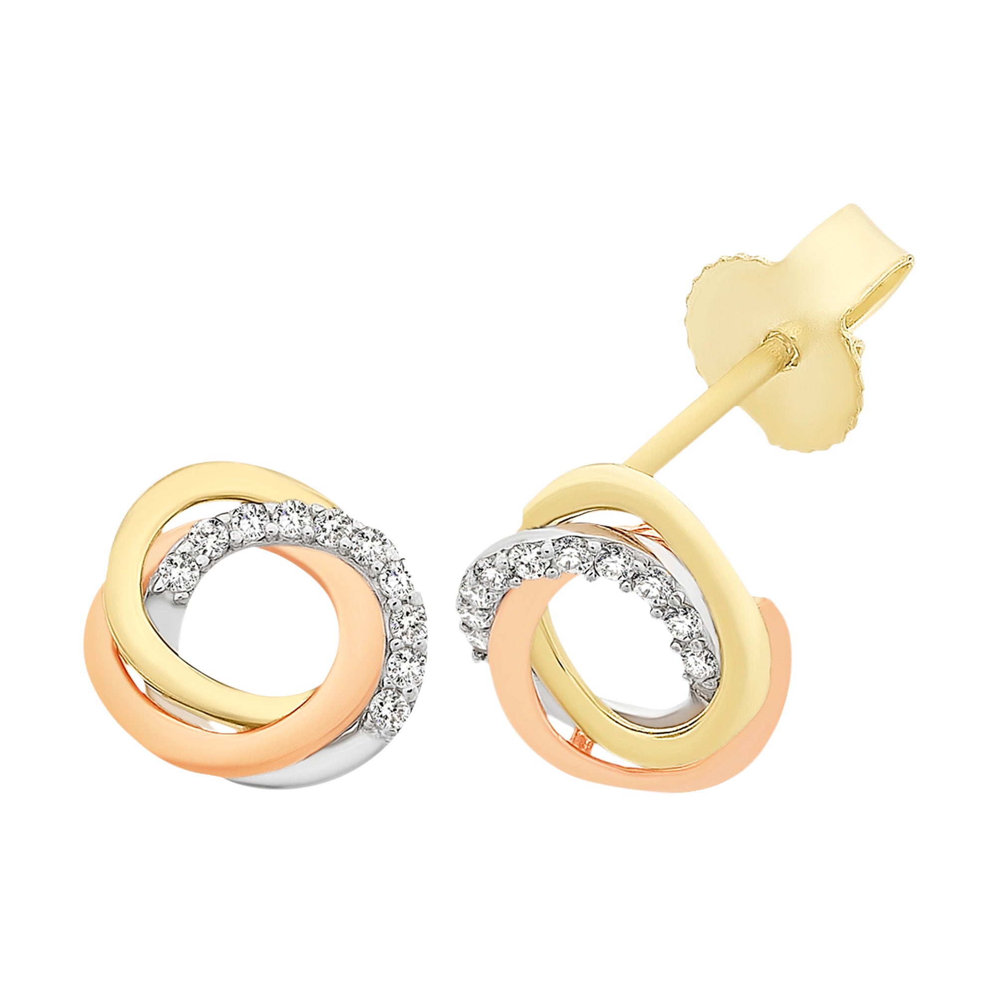 9ct Gold Tri Tone Cubic Zirconia Stud Earrings