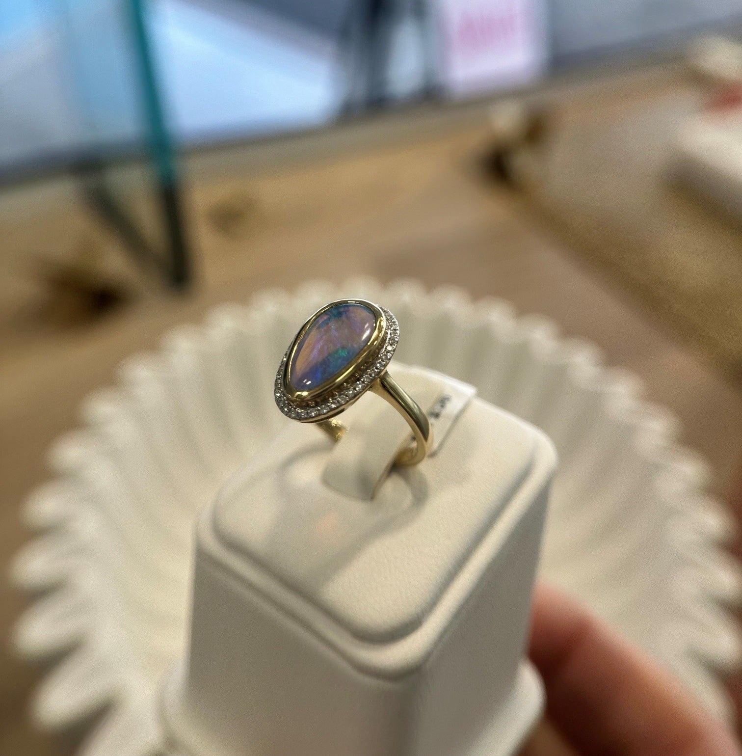 Ikecho 9ct Yellow Gold 3.17ct Solid Light Opal & Diamond Ring