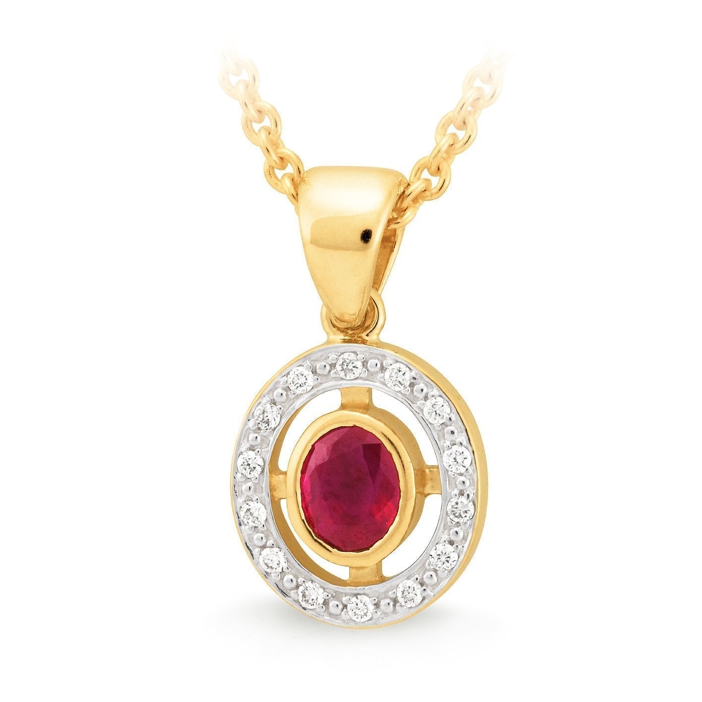 Ruby & Diamond Bezel-Bead Set Pendant in 9ct Yellow Gold