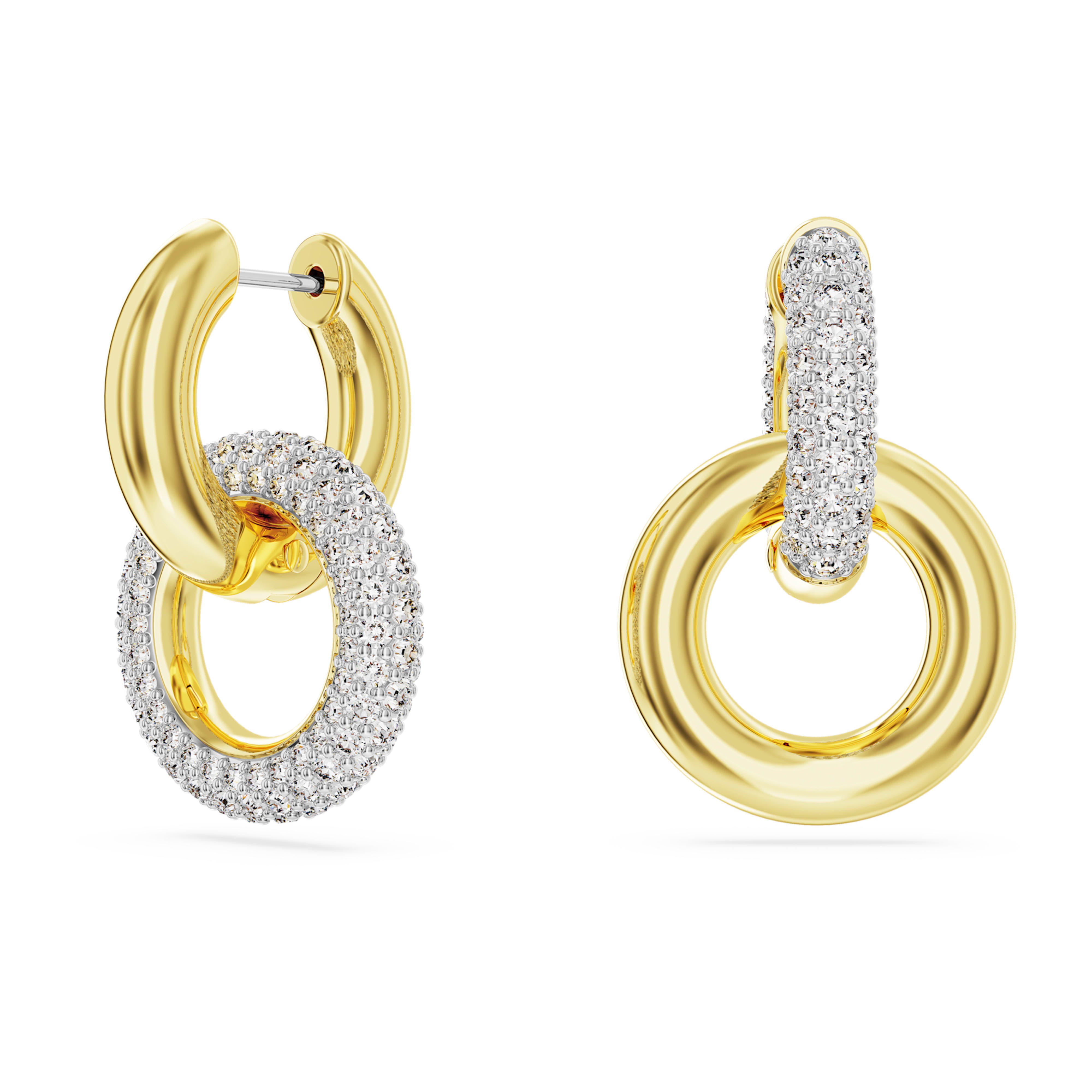Swarovski Dextera Hoop Earrings – Asymmetrical design, Interlocking loop, White, 18K gold finish