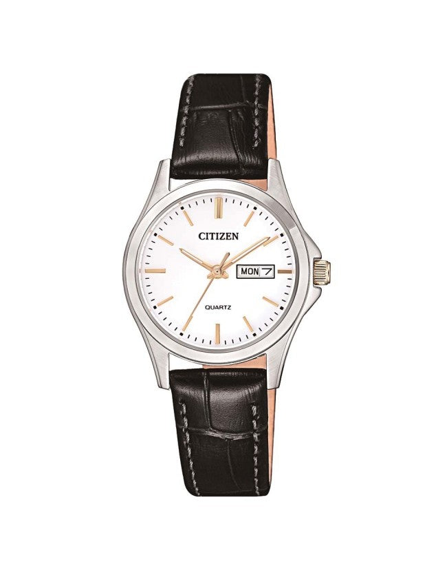 Citizen Quartz White Dial Black Leather Ladies Watch EQ0599-11A 