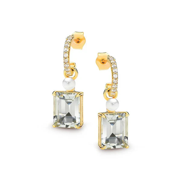 Ikecho Golden Light Earrings - White 3mm button FWP green amethyst/white topaz earrings