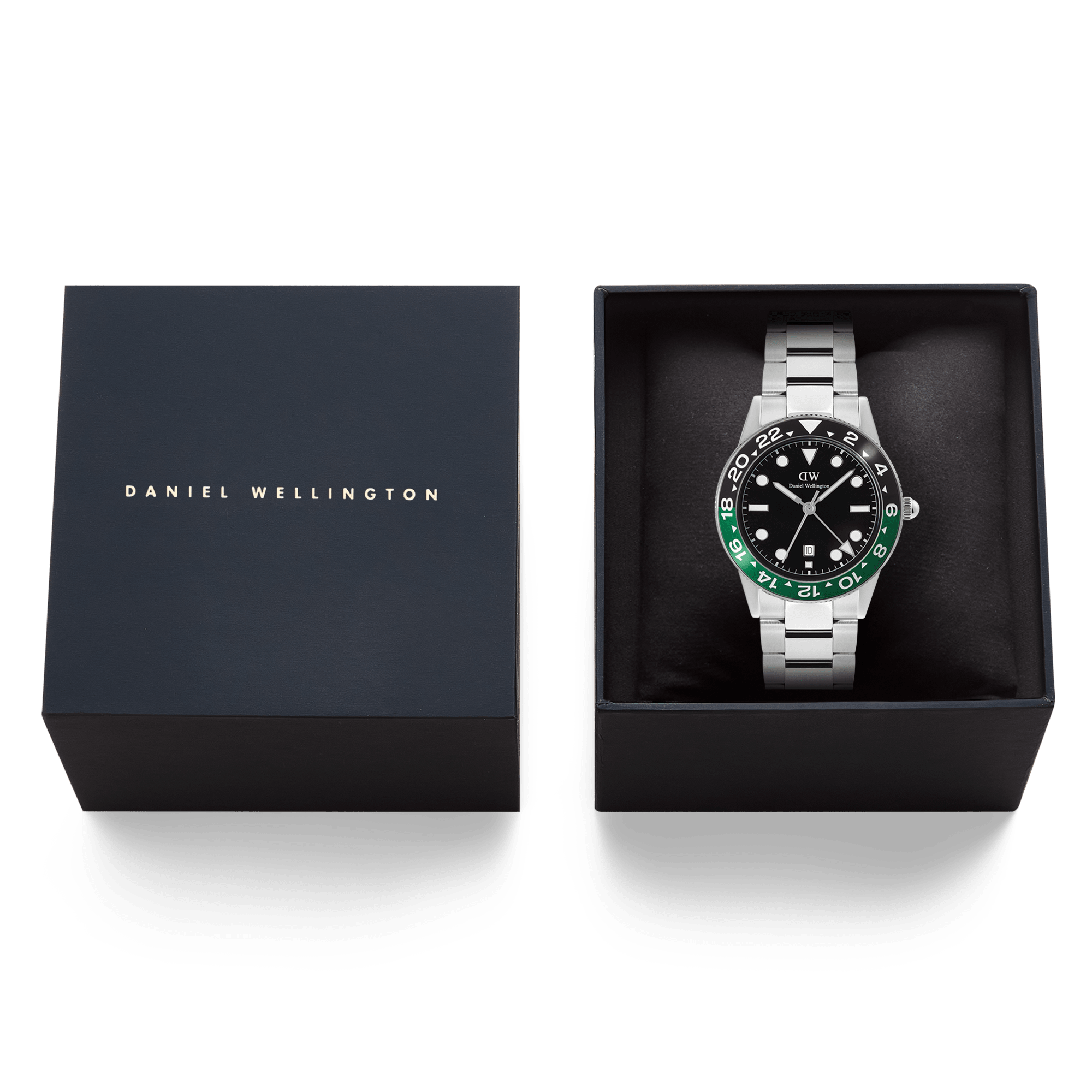 Daniel Wellington Iconic GMT Link Black Green Ceramic Bezel Silver