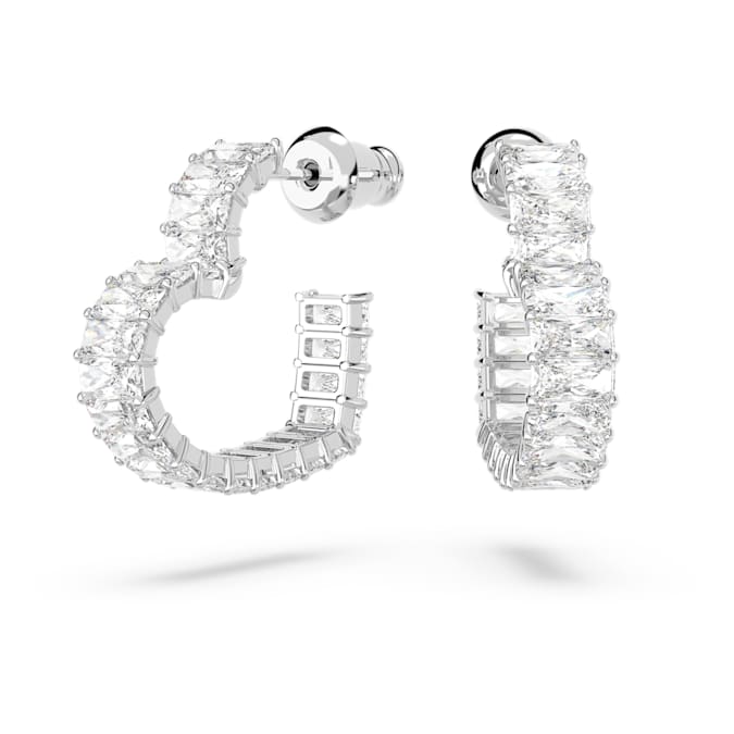 Swarovski Matrix hoop earrings, Baguette cut, Heart, Small, White, Rhodium plated