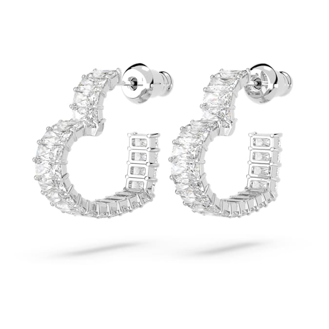 Swarovski Matrix hoop earrings, Baguette cut, Heart, Small, White, Rhodium plated