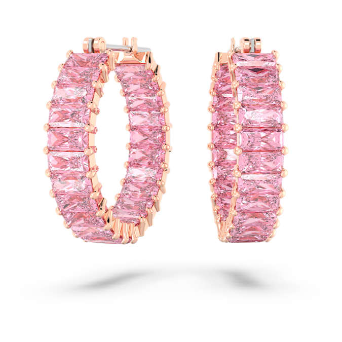 Swarovski Matrix hoop earrings, Baguette cut, Pink, 18K rose gold finish