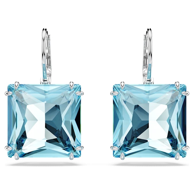 Swarovski Millenia drop earrings, Square cut, Blue, Rhodium plated
