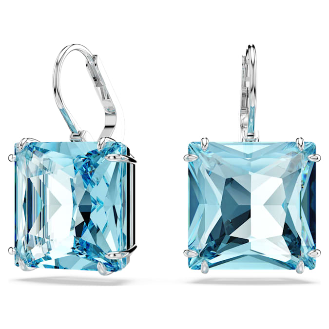 Swarovski Millenia drop earrings, Square cut, Blue, Rhodium plated