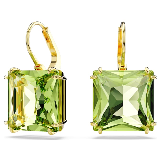 Swarovski Millenia drop earrings, Square cut, Green, 18K gold finish