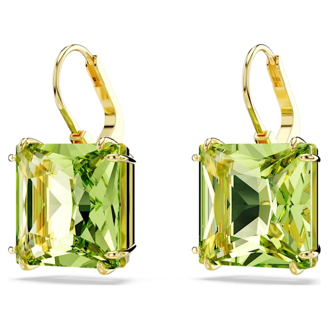 Swarovski Millenia drop earrings, Square cut, Green, 18K gold finish