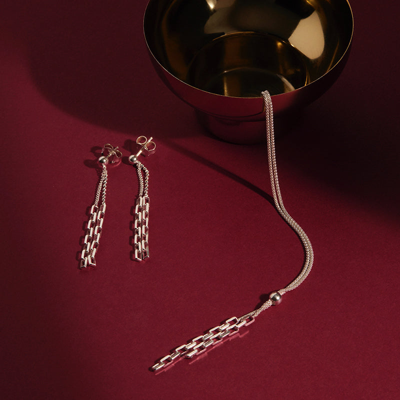 Najo Silver Double Drop Chain Earrings