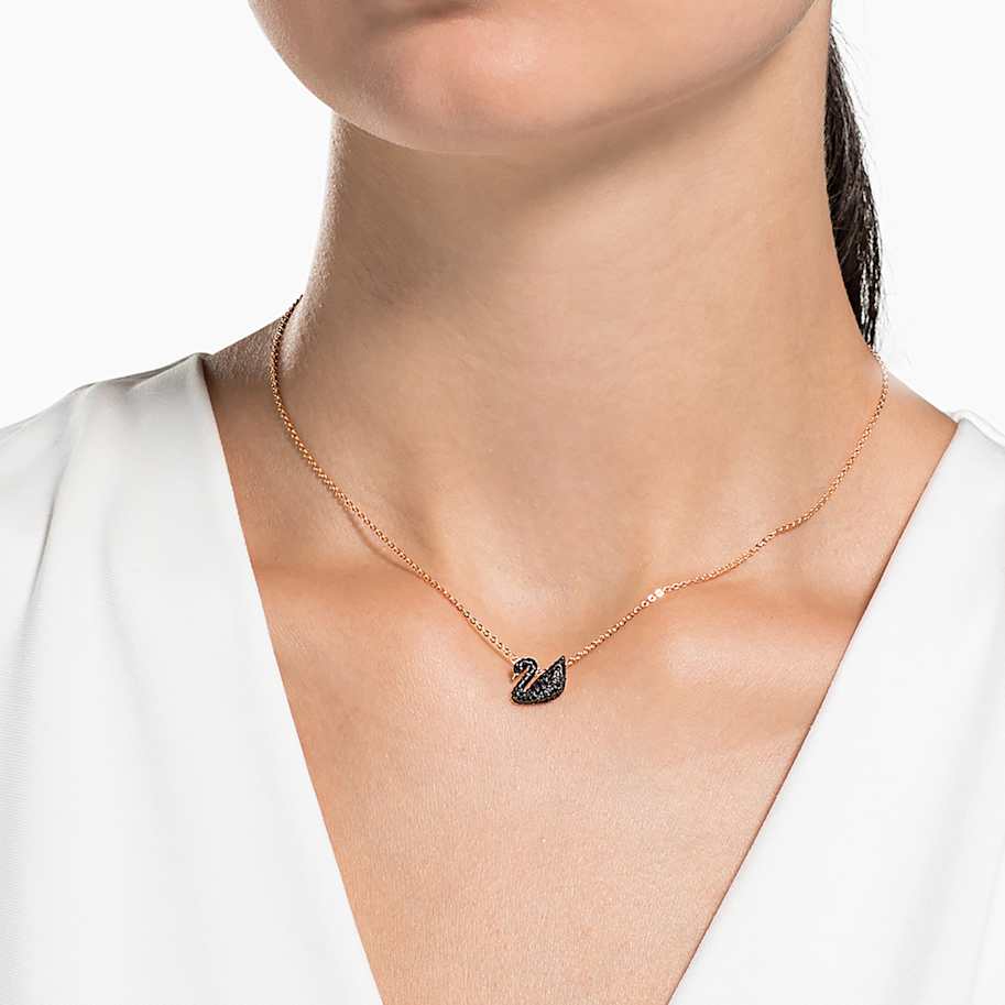 Swarovski Swan pendant, Swan, Small, Black, 18K rose gold finish