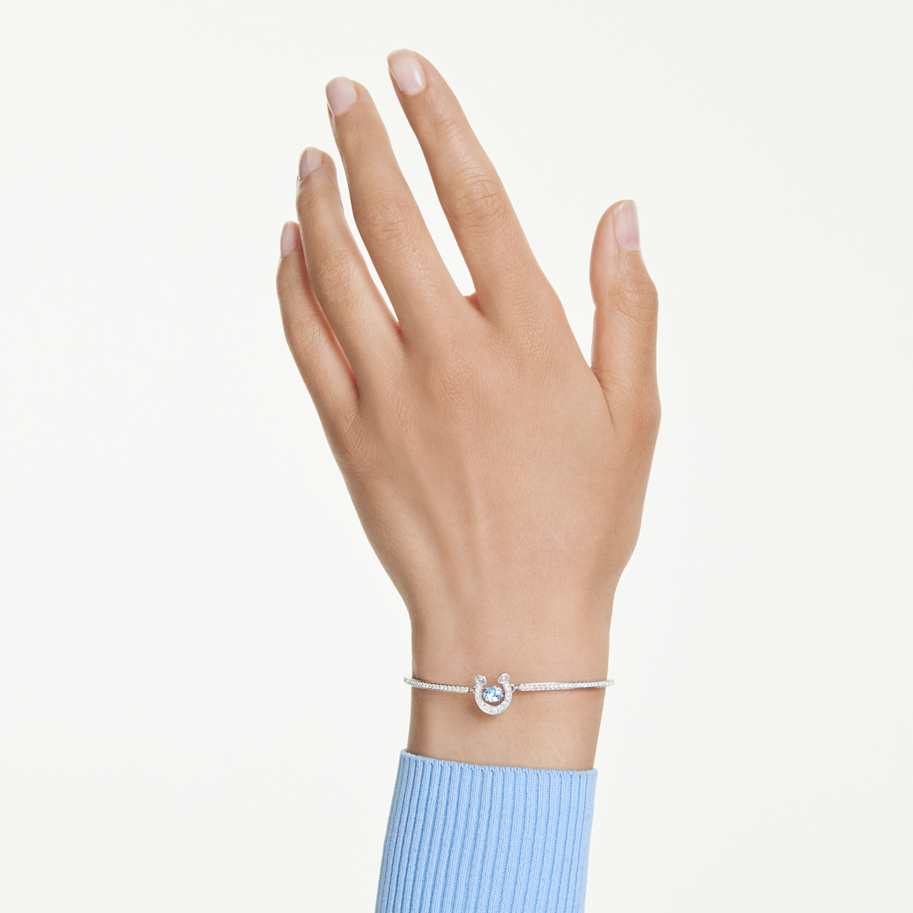 Swarovski Symbolica bangle, Round cut, Pavé, Horseshoe, Blue, Rhodium plated