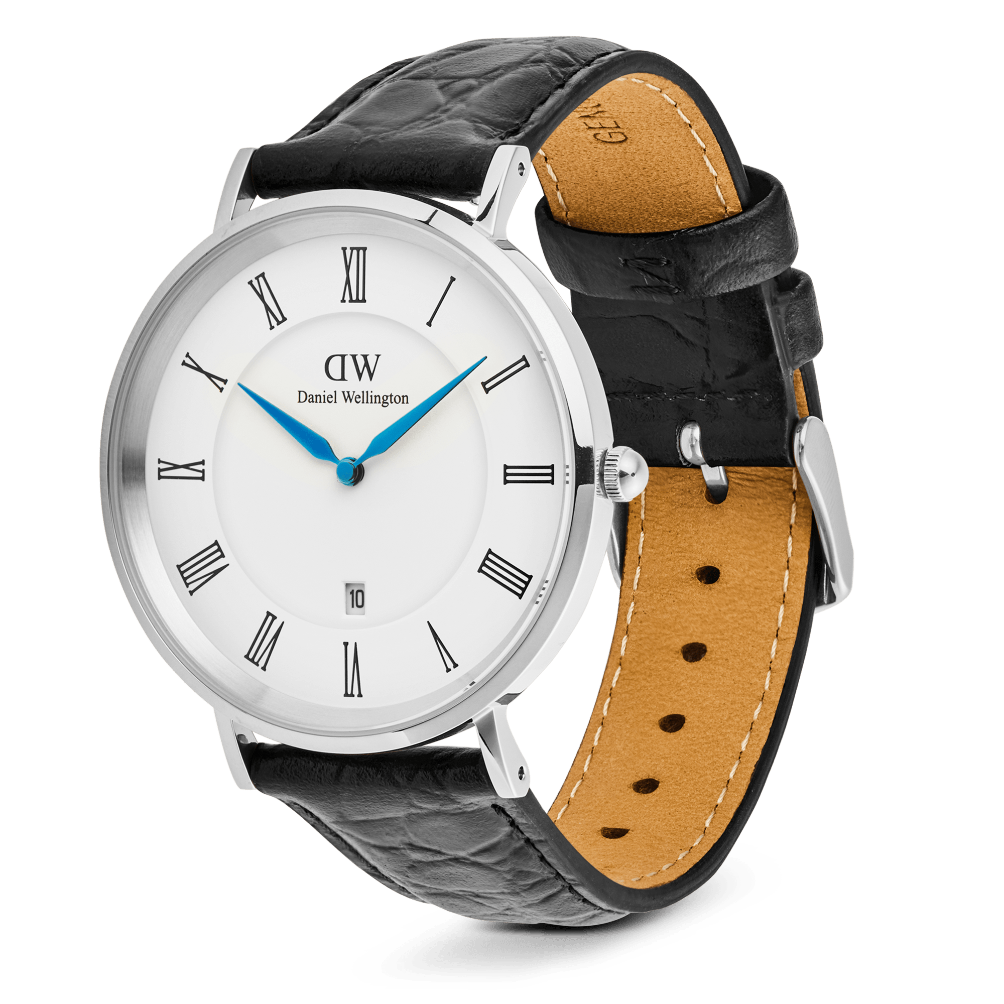 Daniel Wellington Classic Roman Numerals Date Black Croc Belly Silver