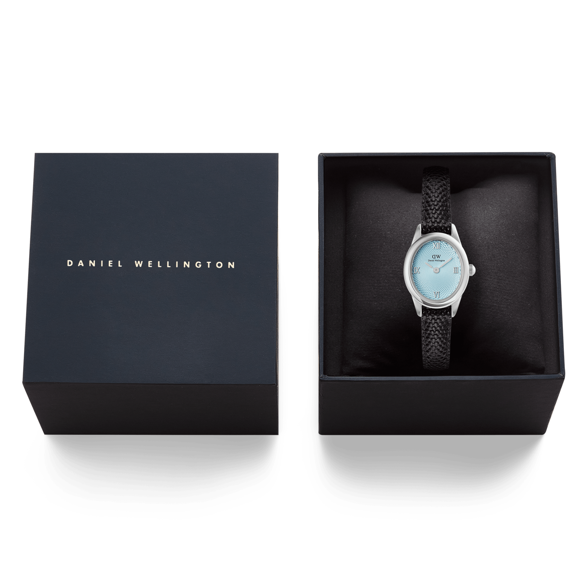 Daniel Wellington Ophelia Mini Black Lizard Ice Blue Guilloché Silver