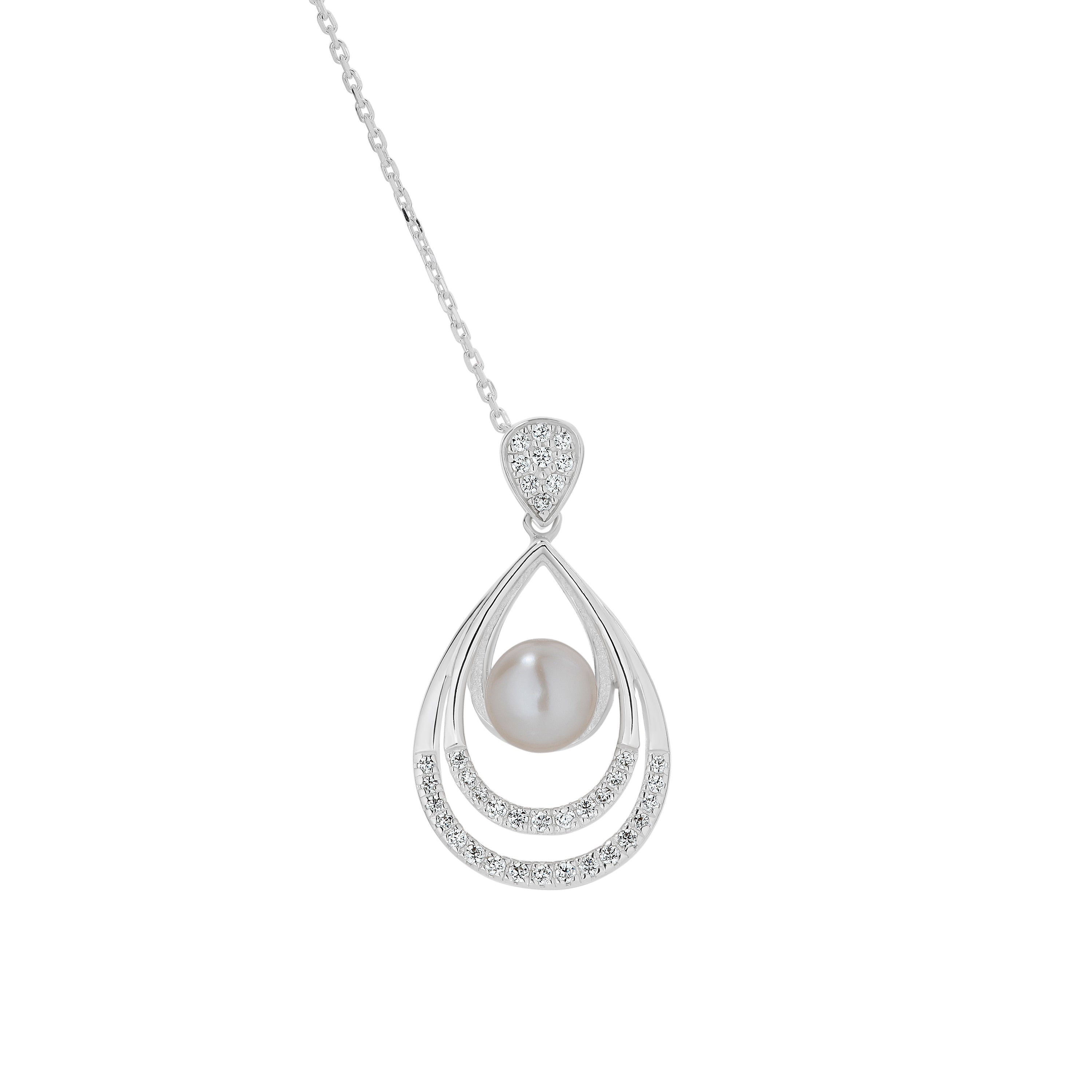 Silver pearl & cubic zirconia necklet