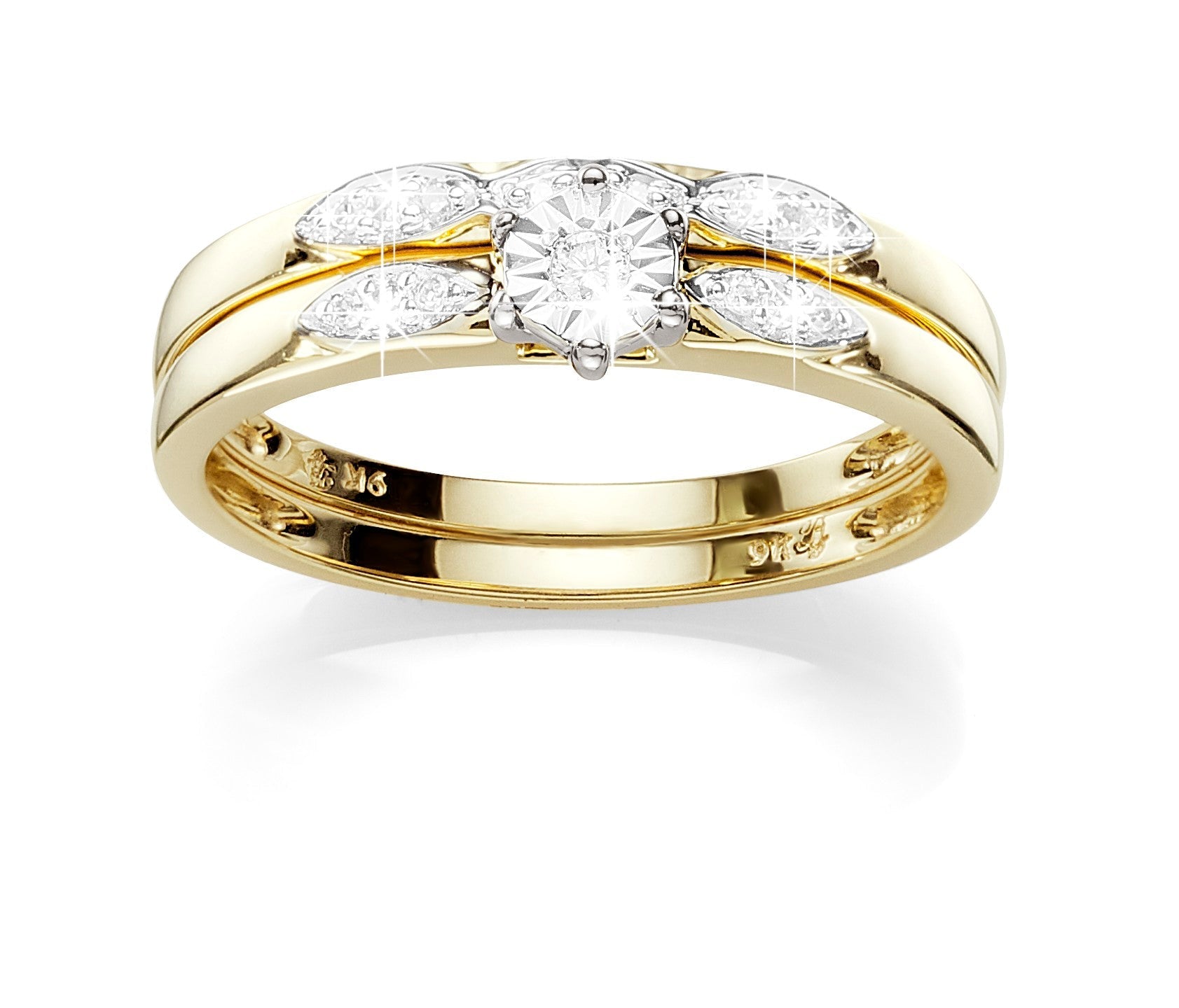 9ct gold diamond ring with matching band