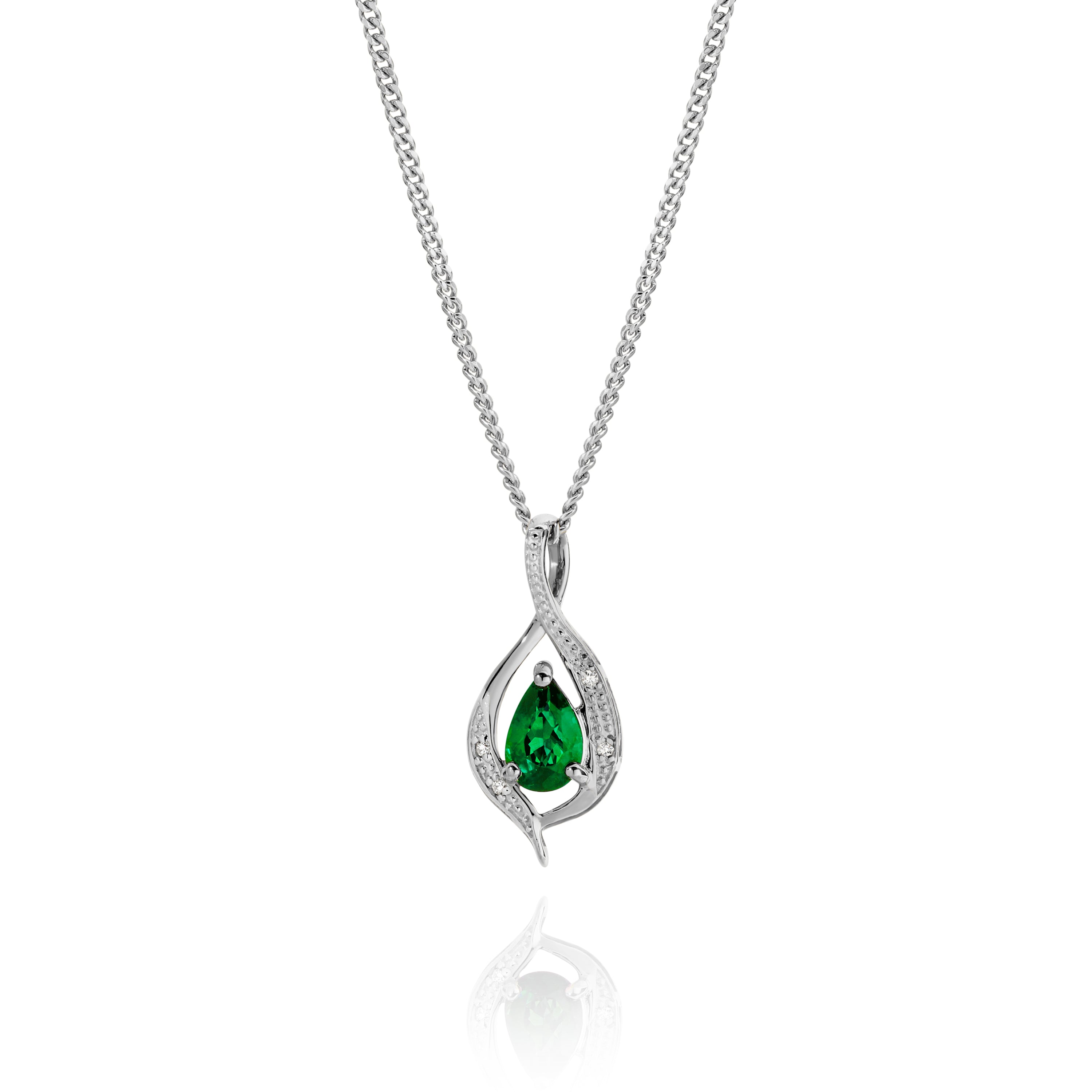 9ct white gold created emerald & diamond pendant