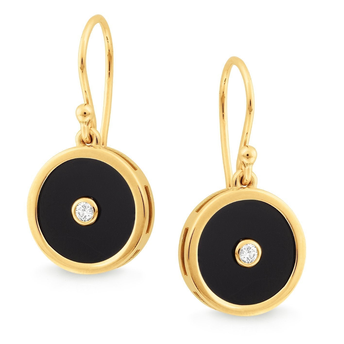 Onyx & Diamond Bezel Set Shepherd Hook Earrings in 9ct Yellow Gold